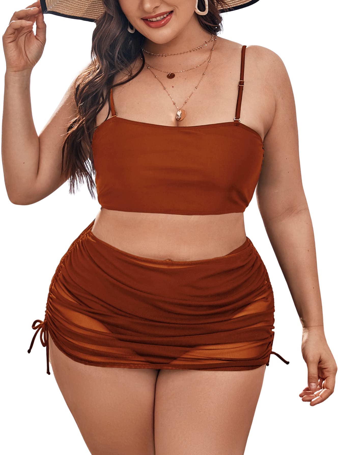 Romwe Women's Plus Size 3 Piece Bikini Set - Solid Color Swimwear with Cover Up for Beach, Pool & Summer Vacation