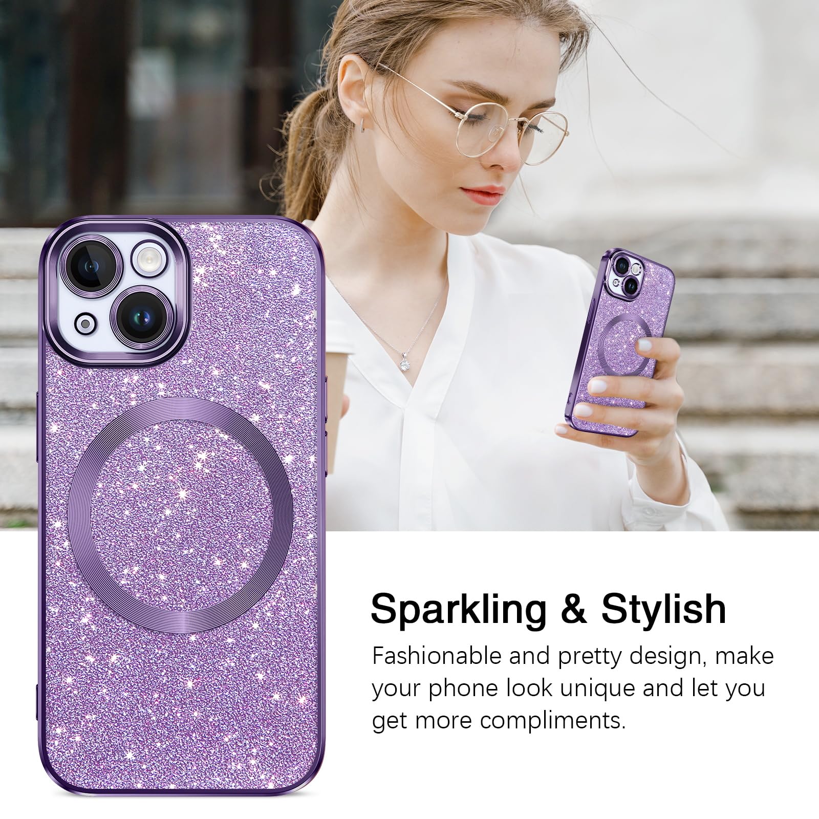 VENINGO iPhone 15 Case 6.1 Inch - Luxury Glitter Bling Shockproof Cover with MagSafe Compatibility, Full Body Protection & Camera Protection - Dark Purple Case for Women & Girls - Perfect for Daily Use, Parties & Gifting
