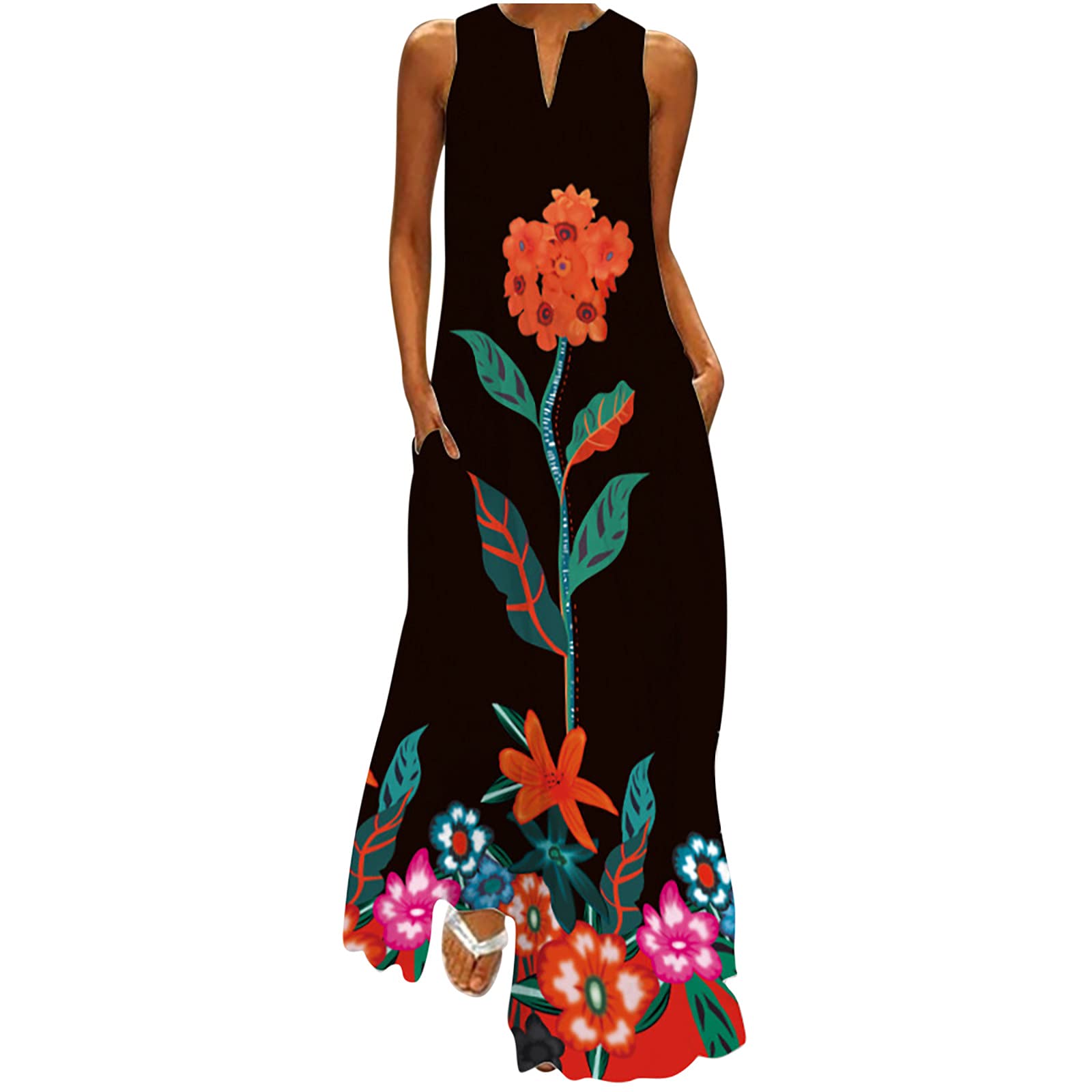 2024 Women's Floral Maxi Dress - Sleeveless Boho V-Neck Long Dress for Summer, Beach & Vacation | Casual Sun Dress for Outdoor Parties & Date Nights