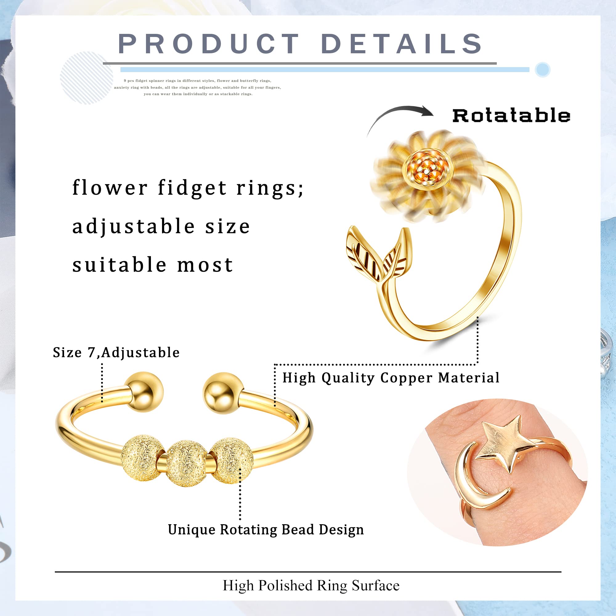 FIBO STEEL 9 Pcs Anxiety Relief Spinner Rings for Women & Men - Stress Relieving Rotatable Rings with CZ Flower Moon Star Design, Adjustable Size for Office, Travel & Daily Wear