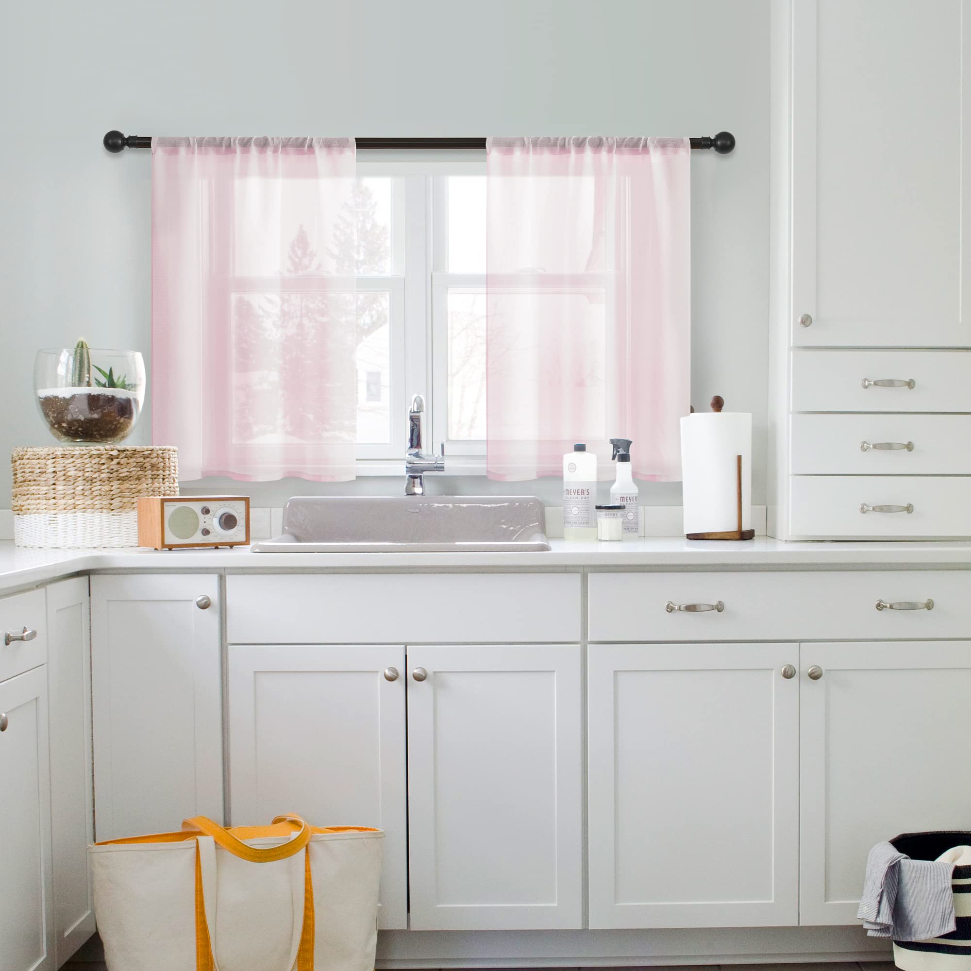 MRTREES Sheer Tier Curtains 24 Inches Long - Light Pink Voile Kitchen & Bathroom Window Panels, Semi-Transparent Light Filtering Cafe Curtains with Rod Pocket (Set of 2) - Perfect for Small Windows, Tiered Dressing Rooms, and Cozy Breakfast Nooks
