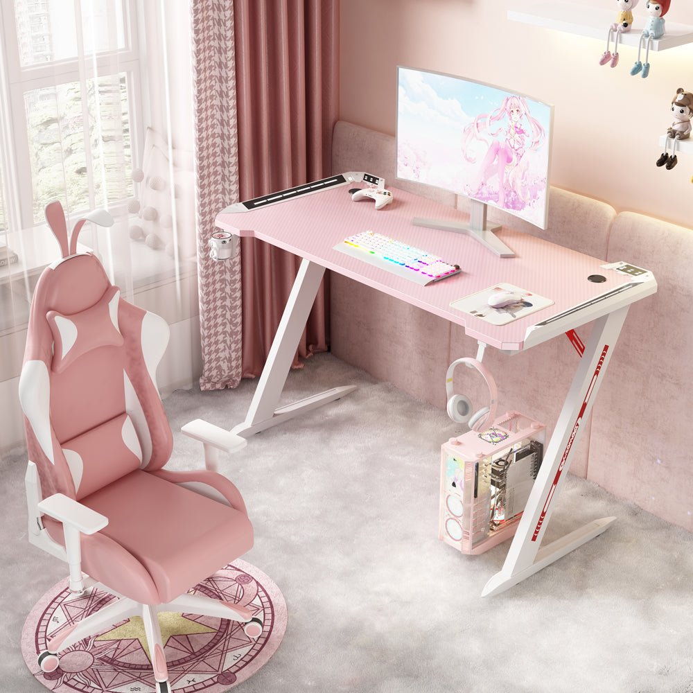 120cm RGB Gaming Desk with LED Lights - Carbon Fiber Z-Shaped Design for Home Office & PC Gaming - Pink (Perfect for Streamers, Esports & Workstations)
