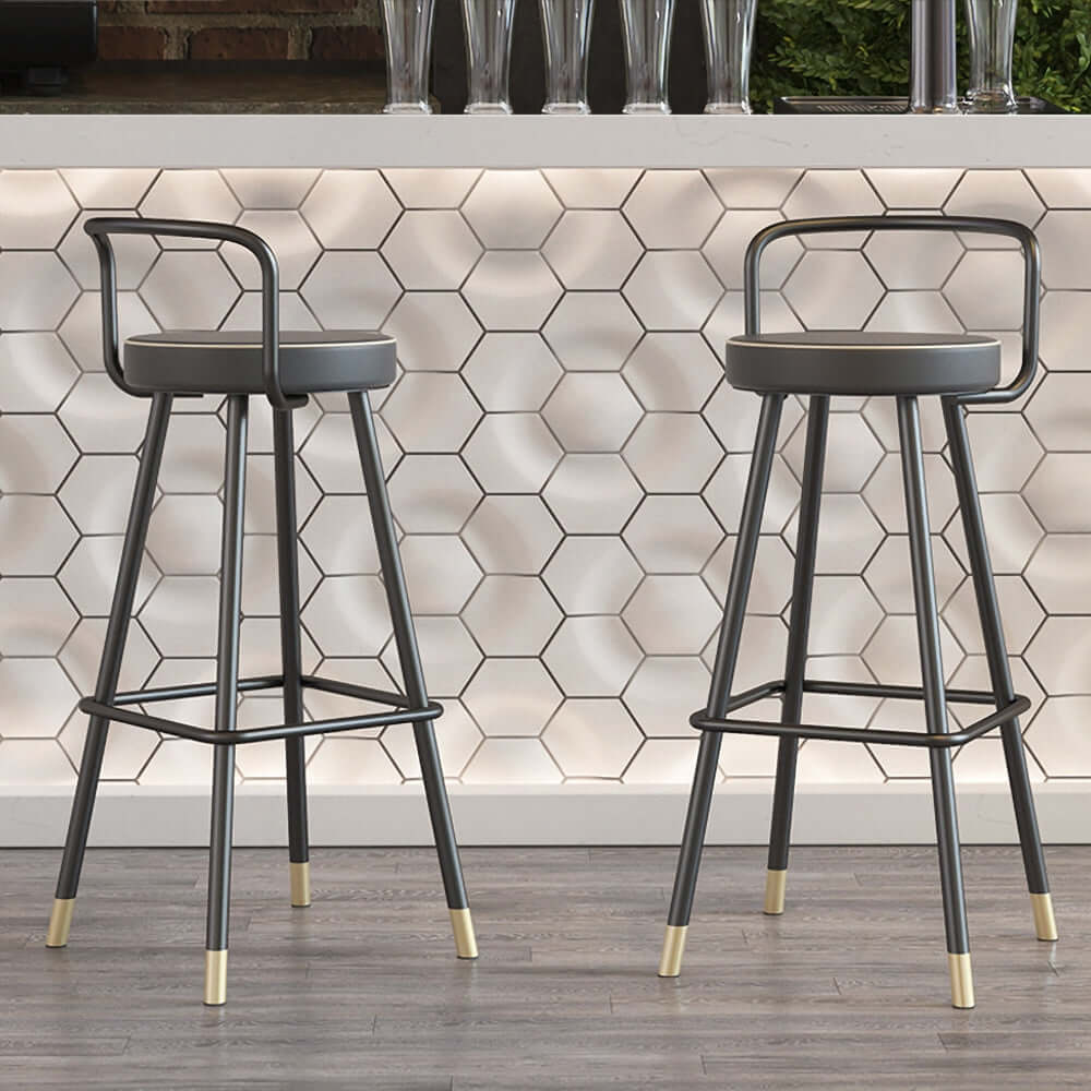 Modern Black Metal Bar Stool Set of 2 with Backrest & Footrest - PU Leather Upholstered Counter Height Stools for Kitchen Island, Breakfast Bar & Home Decor