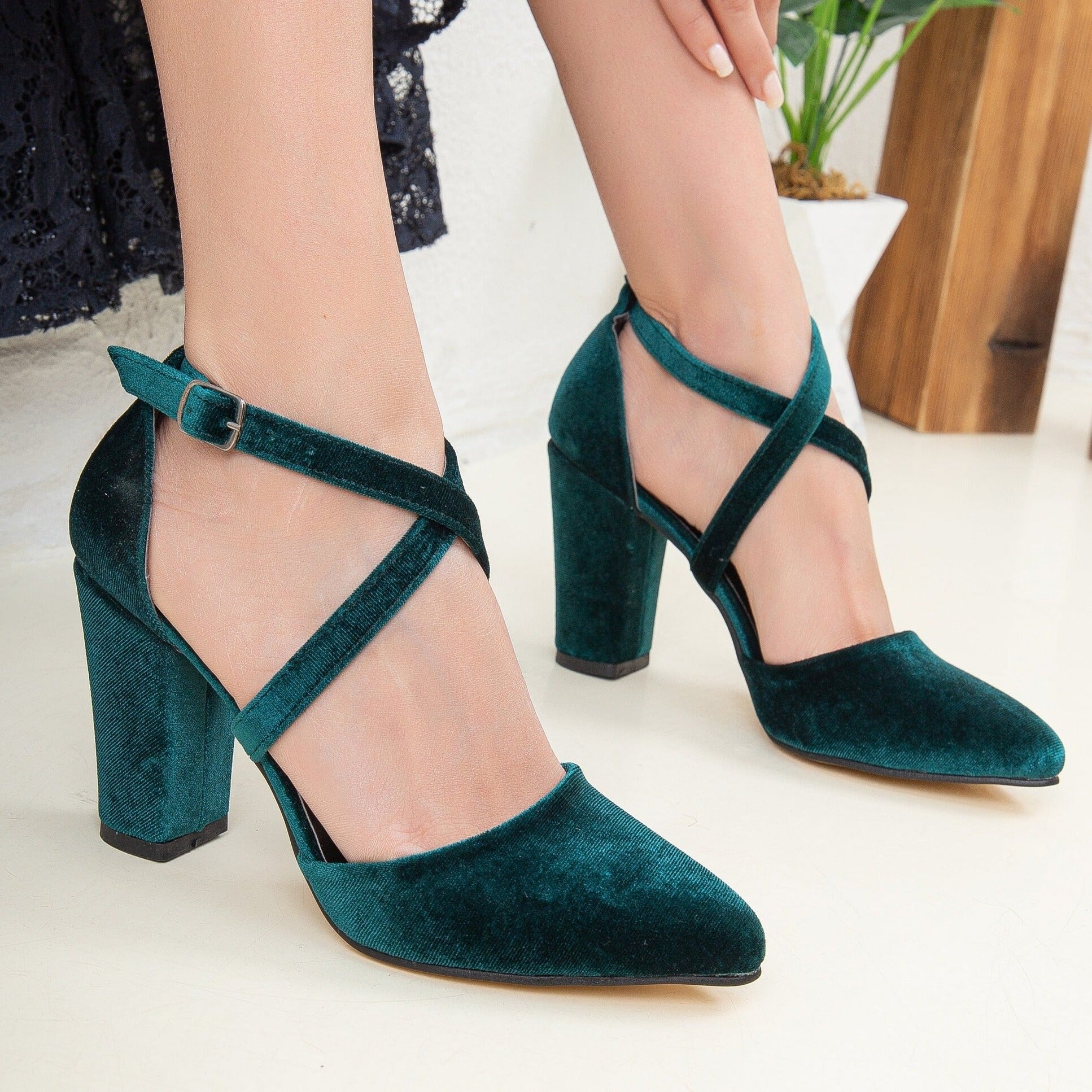 Sina Green Velvet Criss Cross Strap High Heels for Women - Elegant Party Shoes for Weddings, Prom & Evening Events