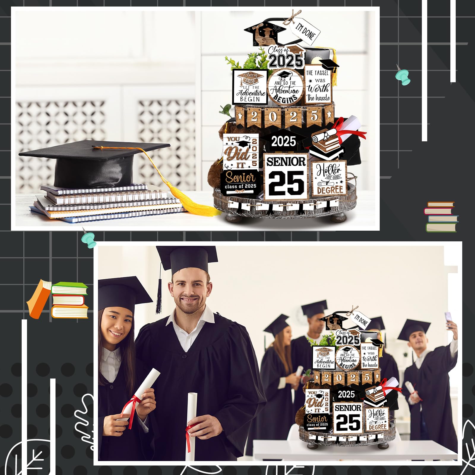 22 Pcs 2025 Graduation Tiered Tray Decor Set - Farmhouse Style Table Centerpieces with Class of 2025 Signs - Black & White Graduation Party Decorations for Home, School Events & Photo Backdrops