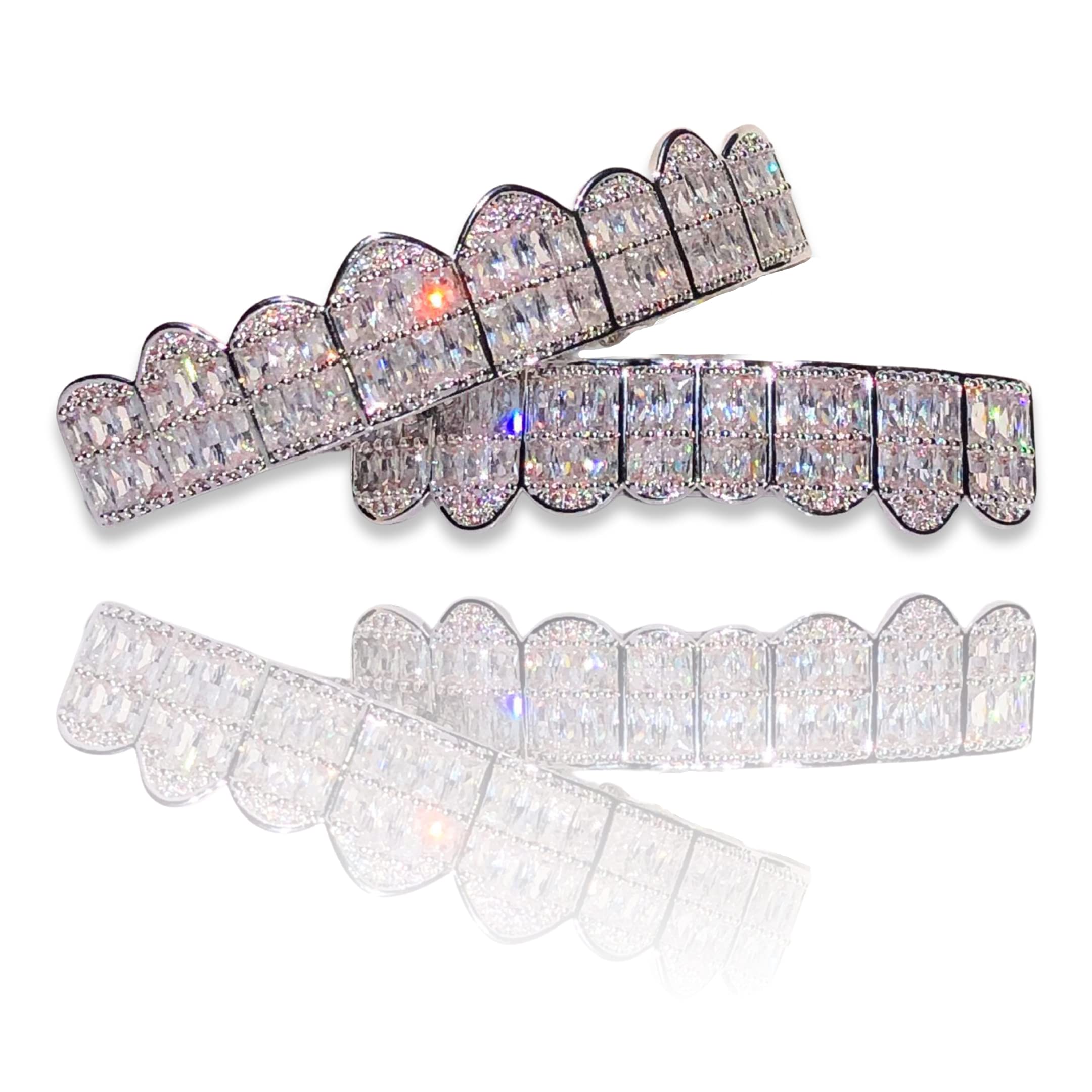 14K White & Gold Iced Out Grillz Set - Top & Bottom Hip Hop Teeth Jewelry for Men & Women | Perfect for Rappers, Performances & Streetwear Fashion