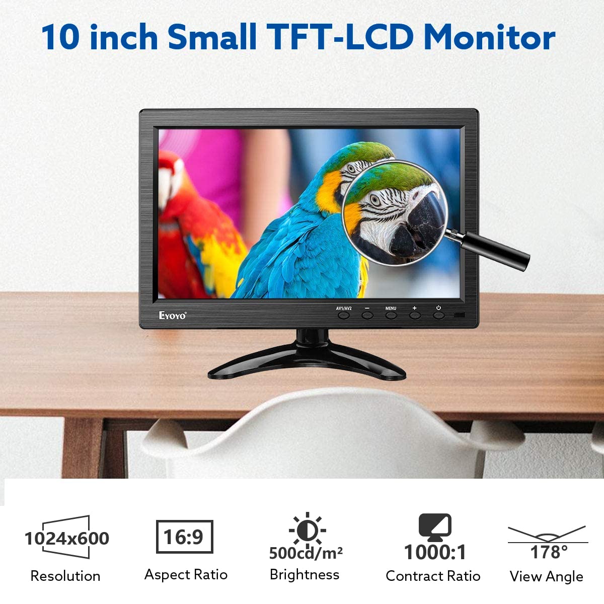 Eyoyo 10 Inch HD TFT LCD Monitor - 1024x600 Resolution, Supports AV/VGA/BNC/HDMI Input for CCTV, DVD, PC & DVR - Built-in Speakers & Remote Control - Ideal for Security Systems, Gaming & Home Entertainment