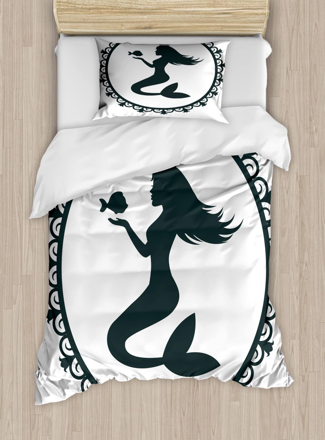 Ambesonne Mermaid Duvet Cover Set - Vintage Cartoon Girl Crown & Fish Design, 2-Pack King Size Black & White Bedding Set with 2 Duvet Covers & 4 Pillowcases - Perfect for Kids' Rooms, Beach Themed Bedrooms & Mermaid Lovers