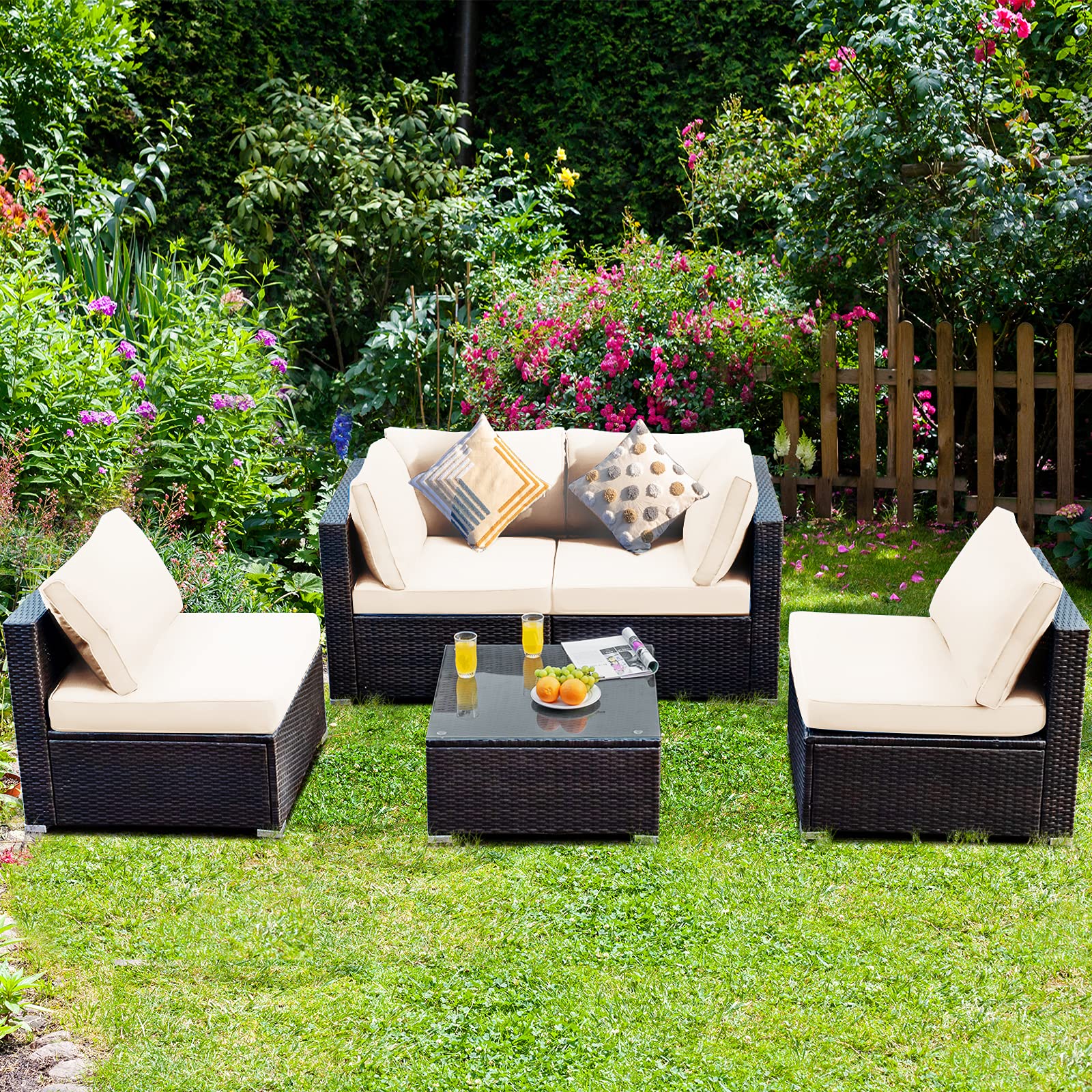 HAPPYGRILL 5-Piece Outdoor Patio Furniture Set - Rattan Wicker Sectional Sofa with Coffee Table & Cushions - Perfect for Backyard, Porch, Garden, and Poolside Relaxation
