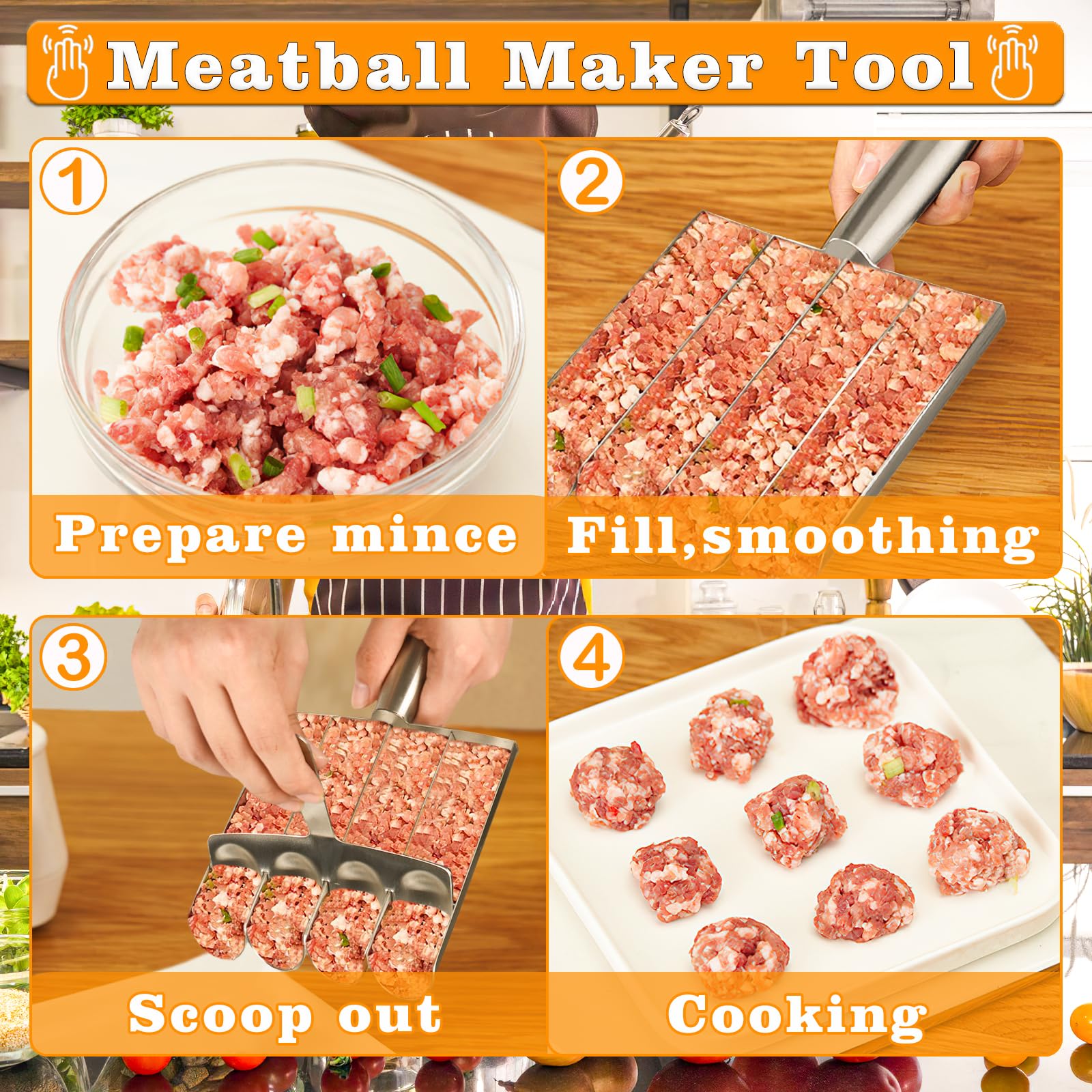 4-in-1 Stainless Steel Meatball Maker Tool - Professional Kitchen Meatball Scoop & Baller Kit for Fast & Easy Meatballs - Perfect for Homemade Italian, Swedish, or Asian Meatball Recipes