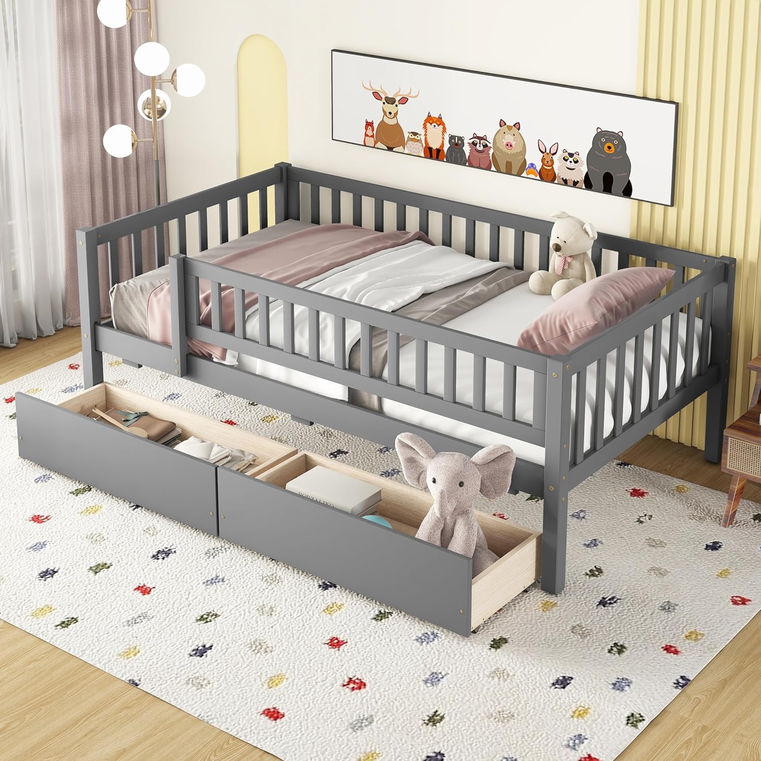 Harper & Bright Designs Twin Size Daybed with Storage Drawers - Wooden Kids Twin Platform Bed Frame with Safety Rails, No Box Spring Required, Easy Assembly (Gray) - Perfect for Kids' Bedrooms, Guest Rooms & Small Spaces