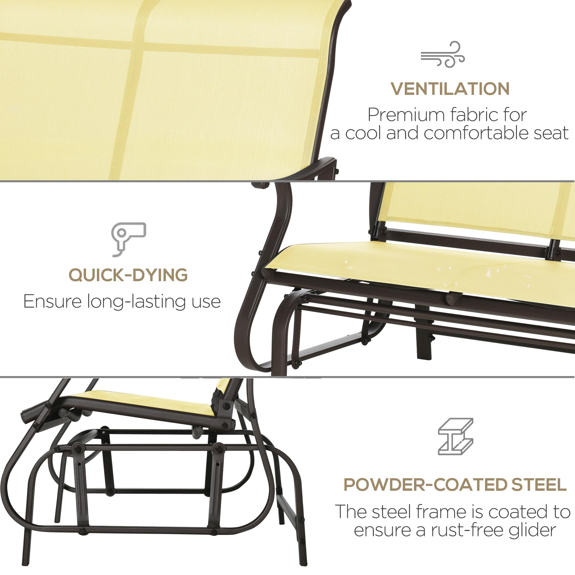 Outsunny 2-Person Outdoor Glider Bench - Patio Loveseat Chair with Powder Coated Steel Frame, 2-Seat Porch Rocking Glider for Backyard, Garden, Lawn & Deck - Perfect for Relaxing, Reading & Enjoying Nature (Beige)