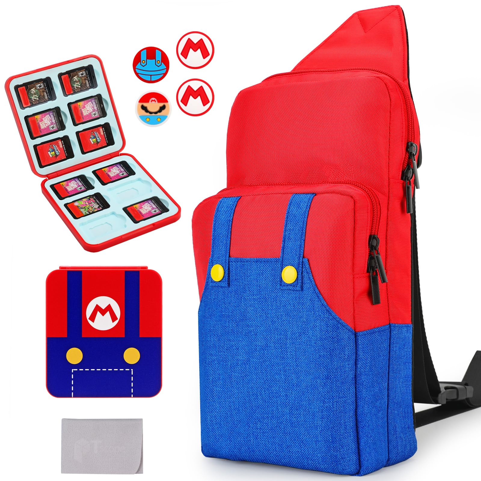 Nintendo Switch/Lite/OLED Travel Bag - Super Mario Portable Gaming Sling Backpack with Chest/Shoulder Strap, Game Card Case & 4 Thumb Grip Caps - Perfect for Travel, Commuting & Gaming On-The-Go