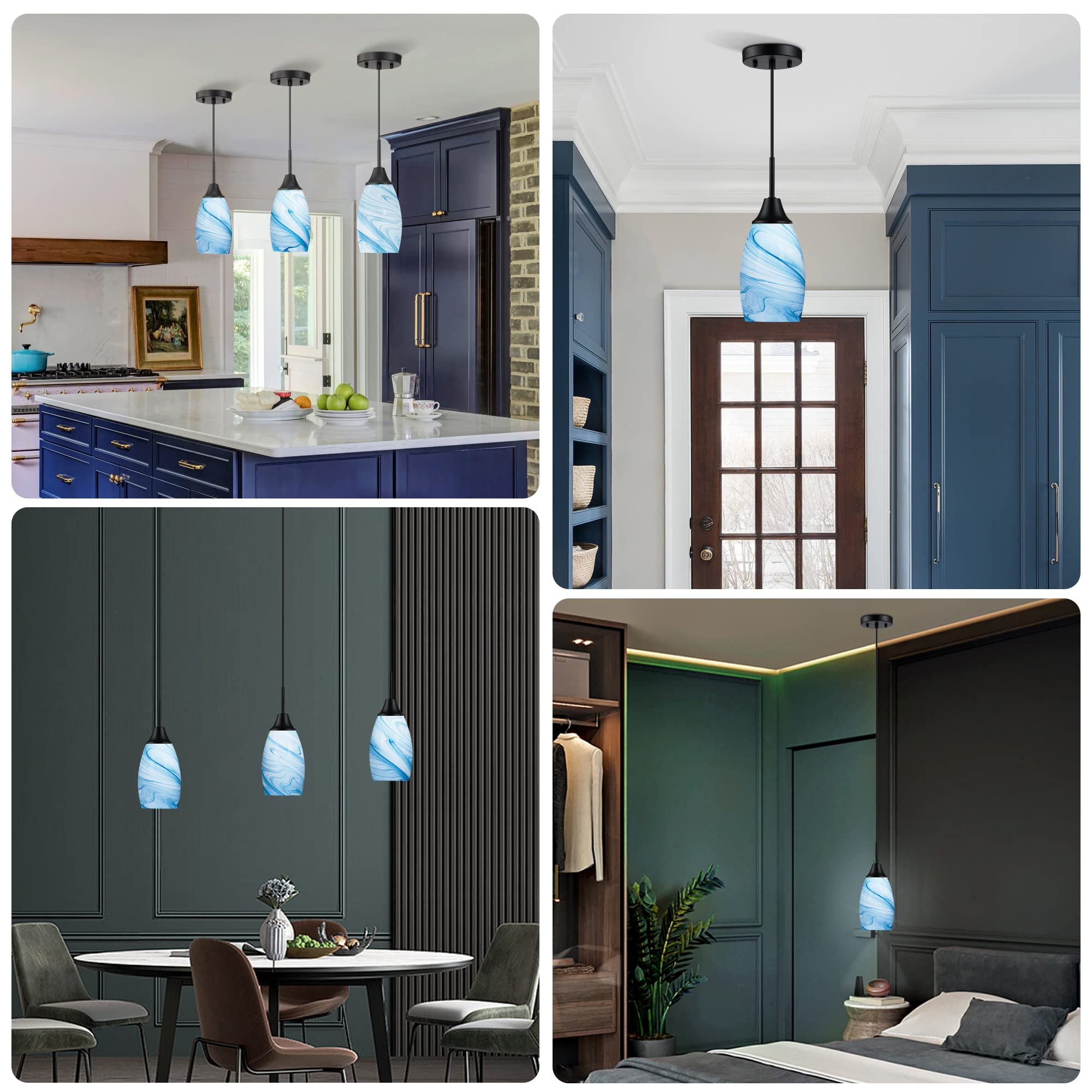 Viinew 3-Pack Mini Blue Marble Glass Pendant Light - 4.72
