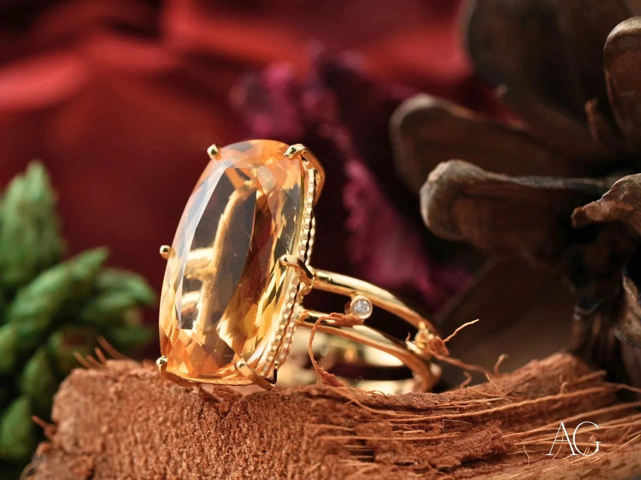 Sunfire Elegance: 14K Gold Citrine and Diamond Ring for Women | Vintage Style Engagement & Wedding Jewelry Gift