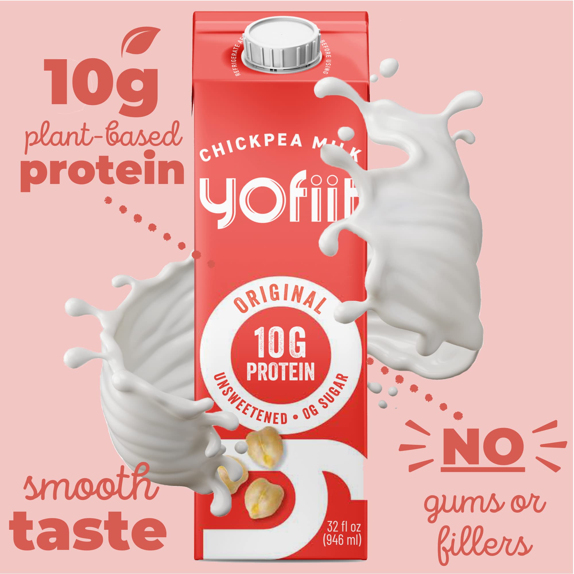 Yofiit Original Unsweetened Plant Based Milk with Pea Protein & Flax - High Protein Vegan Milk Alternative (10g Protein) | Dairy-Free Coffee Creamer, Shelf-Stable & Lactose-Free | Perfect for Smoothies, Cereal & Baking - 6 Pack