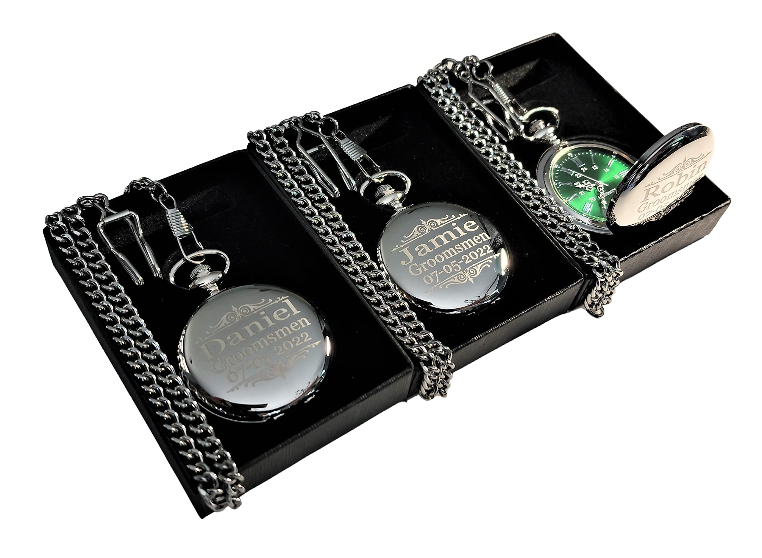 Personalized Silver Pocket Watch Set with Green Dial & Roman Numerals - Custom Engraved Wedding Gift for Him/Her - Includes Chain & Fitted Box - Perfect for Anniversaries, Engagements & Special Occasions