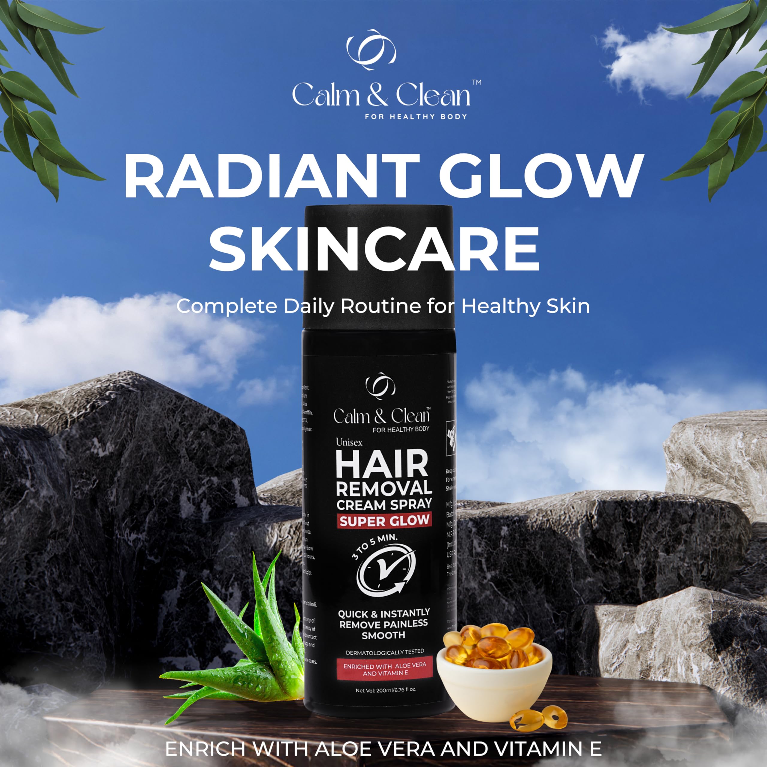 CALM & CLEAN Painless Hair Removal Spray for Women & Men - 200ml | Non-Toxic Depilatory Cream for Chest, Legs & Underarms | Enriched with Aloe Vera & Vitamin E | Gentle & Effective Body Hair Removal | Perfect for Smooth Skin at Home, Gym or Beach | Pack of 1