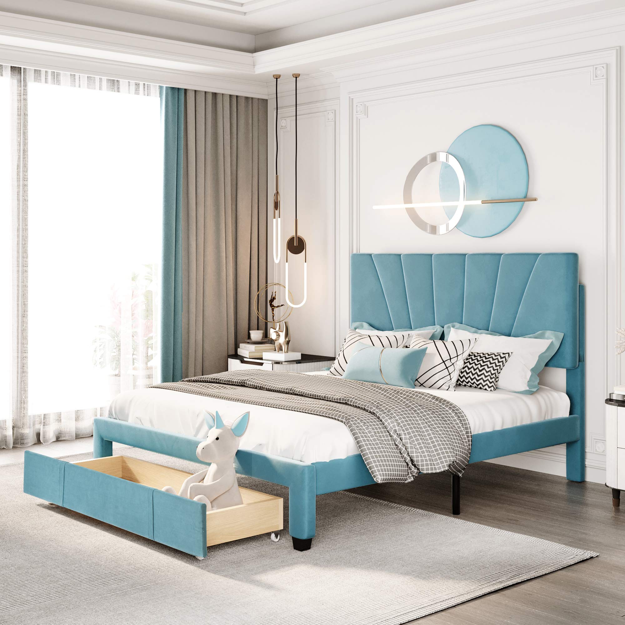 LoLado Queen Size Platform Bed Frame with Storage Drawers - Velvet Upholstered Bed for Kids, Teens & Adults in Blue | Modern Bedroom Furniture for Small Spaces & Dorm Rooms