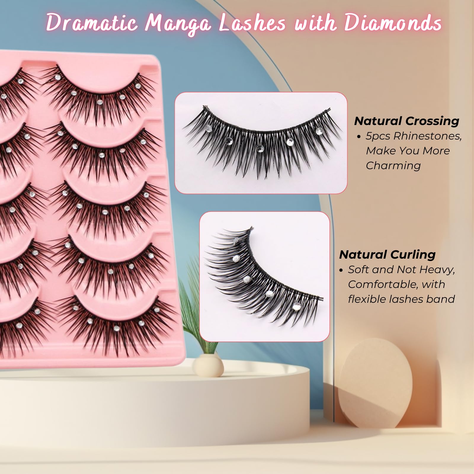 5 Pairs Glitter Lashes 3D Fluffy Natural Anime Eyelashes with Rhinestones - 13mm Dramatic Manga Lashes for Cosplay, Halloween, New Year Party & Stage Makeup (Black Stems) | Perfect for Costume Events, Photo Shoots & Special Occasions