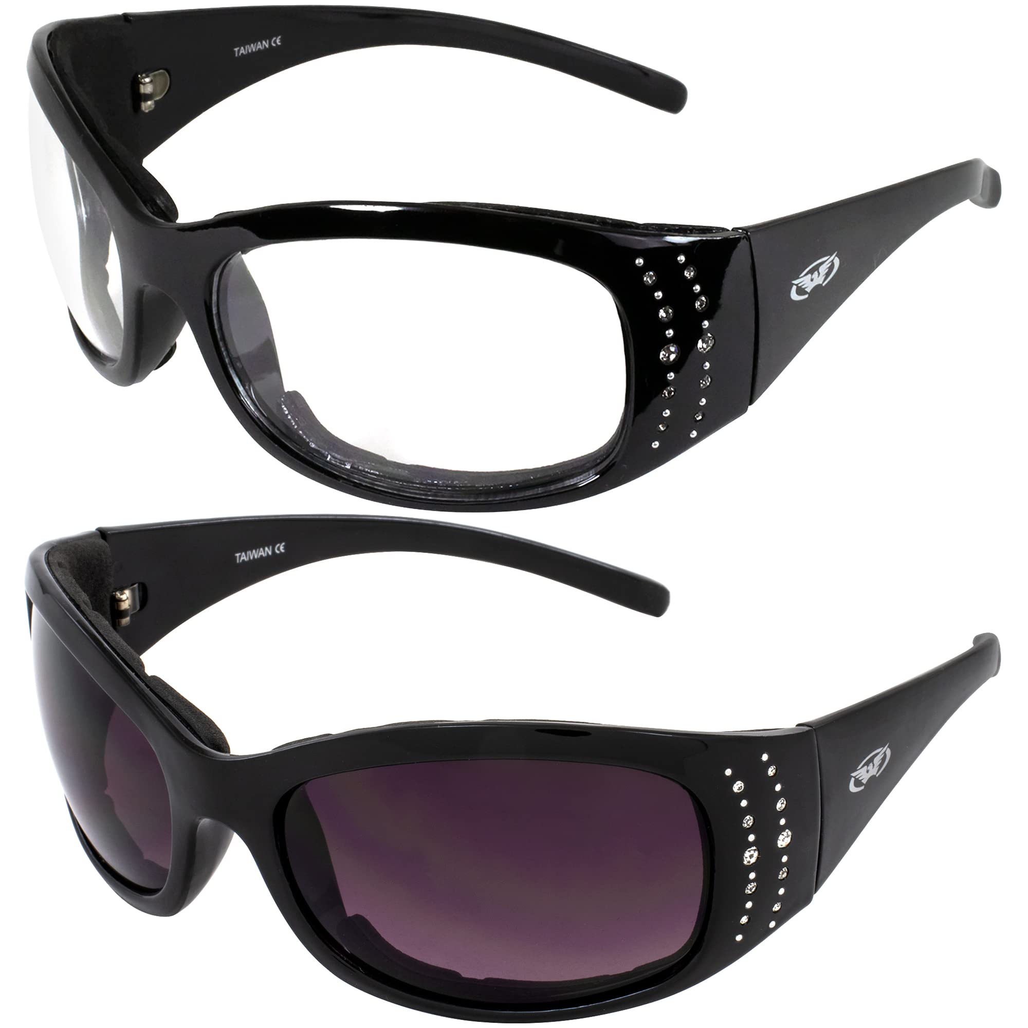 Global Vision Marilyn 2 Plus Padded Motorcycle Glasses for Women - 4 Pairs with Clear, Smoke, Driving Mirror & Blue Mirror Lenses - Perfect for Riding, Driving & Outdoor Sports