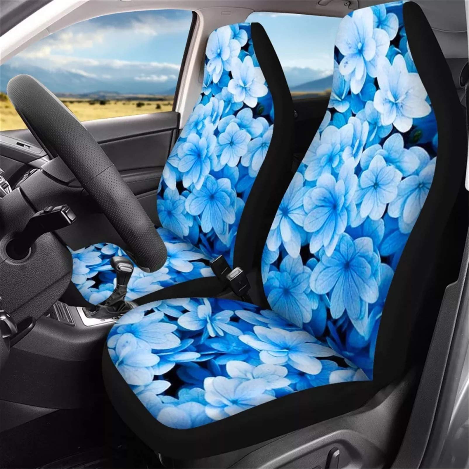 UZZUHI Hydrangea Car Seat Cover Set of 2 - Blue Floral Print Bucket Seat Protector for Women & Girls | Universal Fit for Most Cars, SUVs & Trucks | Perfect for Daily Commute, Road Trips & Car Interior Protection