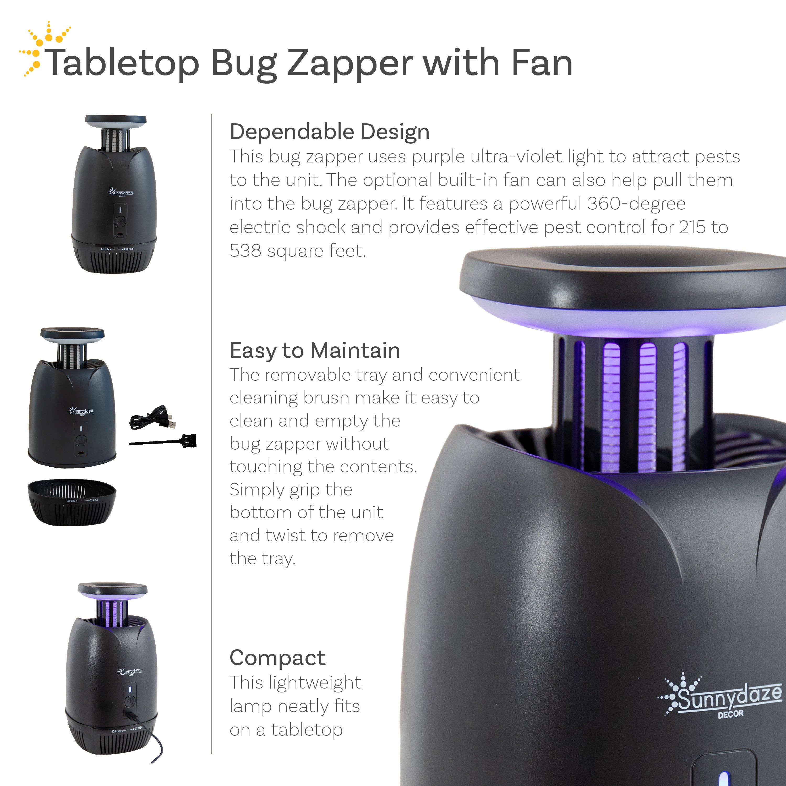 Sunnydaze Tabletop Electric Bug Zapper Light with Fan - Indoor/Outdoor Mosquito Killer for Patio, Deck, Camping & Backyard Use