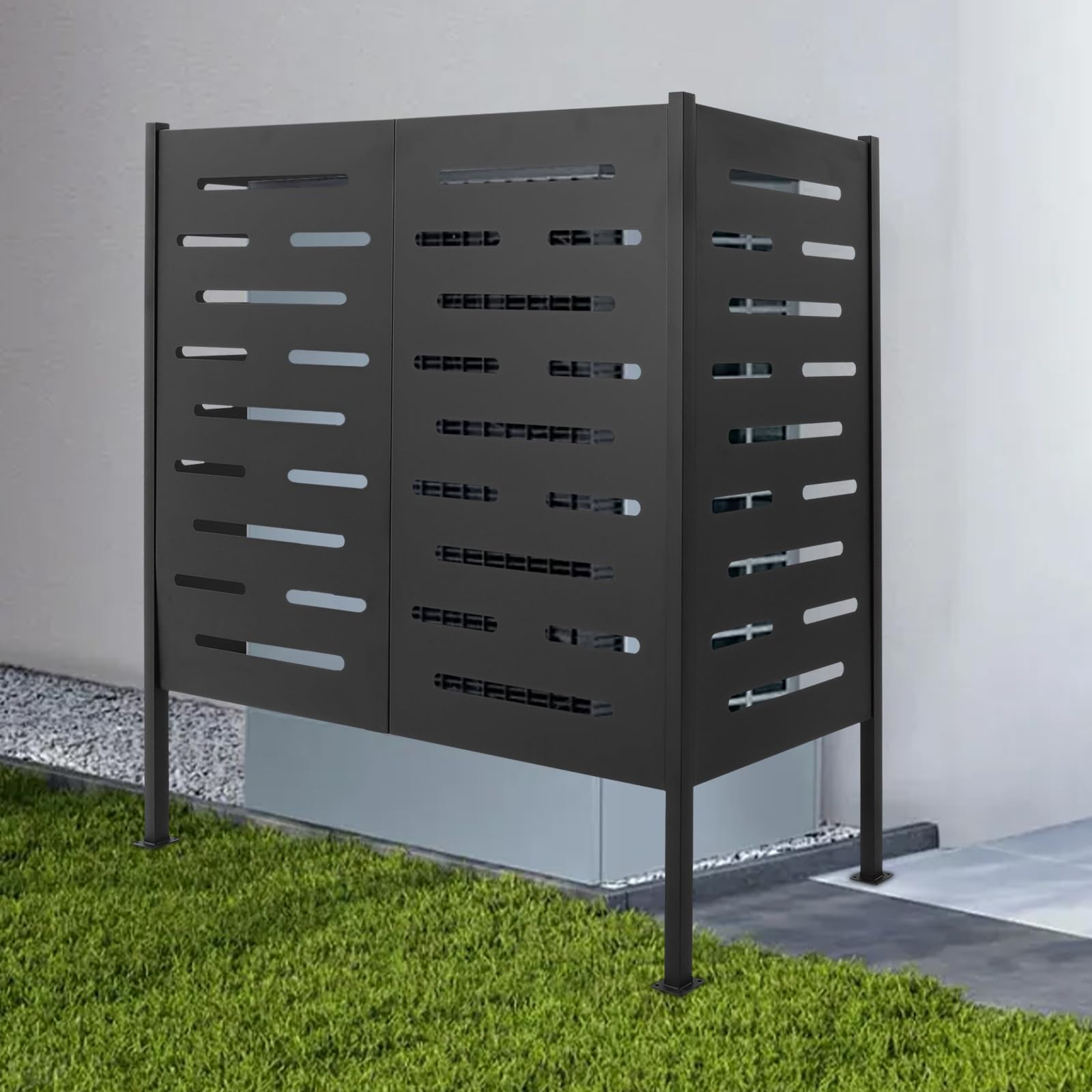 Outdoor AC Unit Privacy Fence - 3-Panel Black Wooden Screen with Metal Stakes (48.03