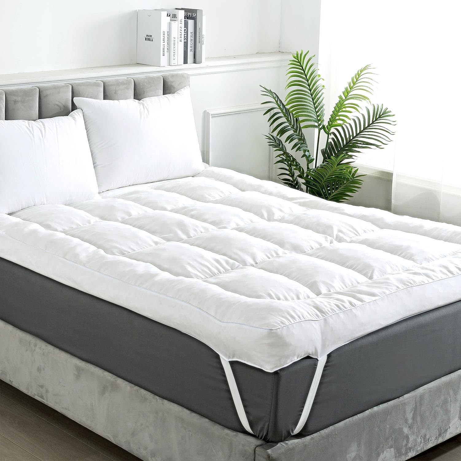 5 Inch Memory Foam Mattress Topper Queen Size - Breathable 100% Cotton Cover with Fluffy Shredded Memory Foam, Anti-Slip Bottom & 4 Anchor Elastic Bands (80x60x5 Inch) - Perfect for Back Pain Relief, Guest Beds & Enhancing Sleep Comfort