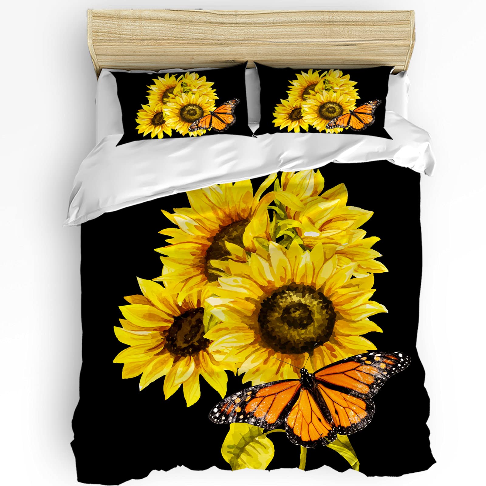 Custom Floral Washed Microfiber Duvet Cover Set 3-Piece - Ultra Soft Twin Size Bedding with Zipper Closure - Sunflower Butterfly Design on Black - Perfect for Guest Rooms, Dorms & Cozy Bedroom Decor