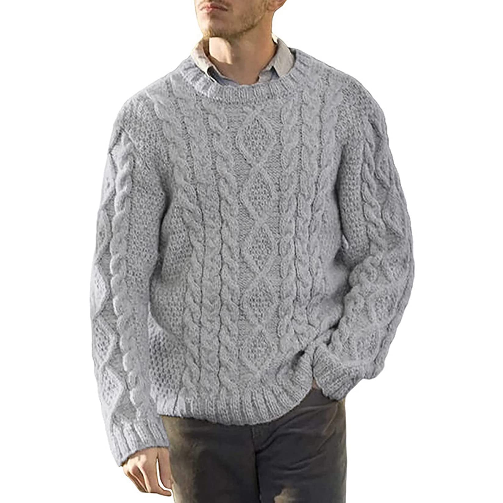 Men's Cable Knit Sweater - Chunky Crew Neck Pullover for Casual Wear