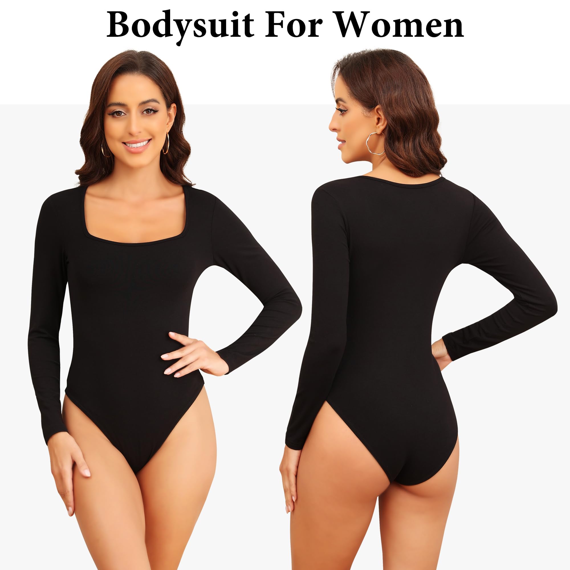 4/5 Pack Women's Square Neck Long Sleeve Bodysuit - Stretchy Comfort Fit Casual Tops for Everyday Wear | Perfect for Layering, Office, Date Night & Weekend Outfits