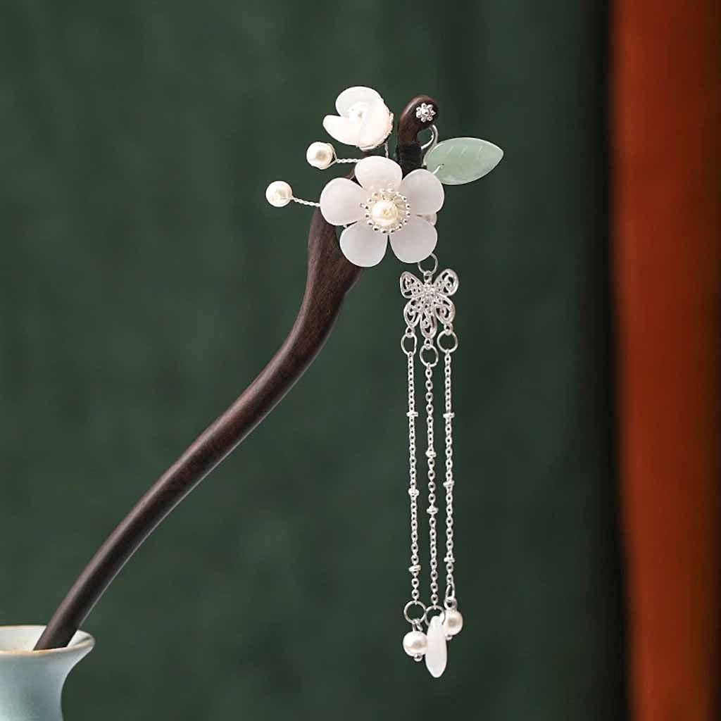RENSLAT Wooden Hair Forks with Tassel Flower & Pearls - Chinese Hair Sticks for Women, Hair Styling Jewelry & Accessories - Perfect for Weddings, Parties & Traditional Chinese Hairstyles