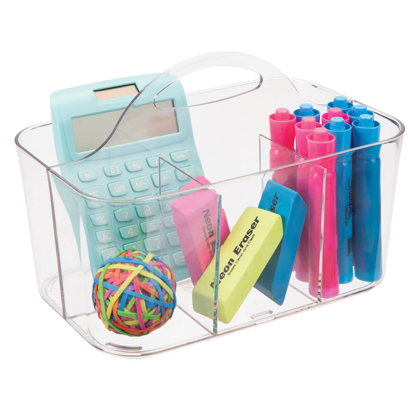MetroDecor mDesign Clear Small Desk Organizer Tote for School Supplies - Perfect for Scissors, Pens, Pencils, Notepads, Markers, Highlighters & Tape | Ideal for Office, Classroom & Home Study Organization
