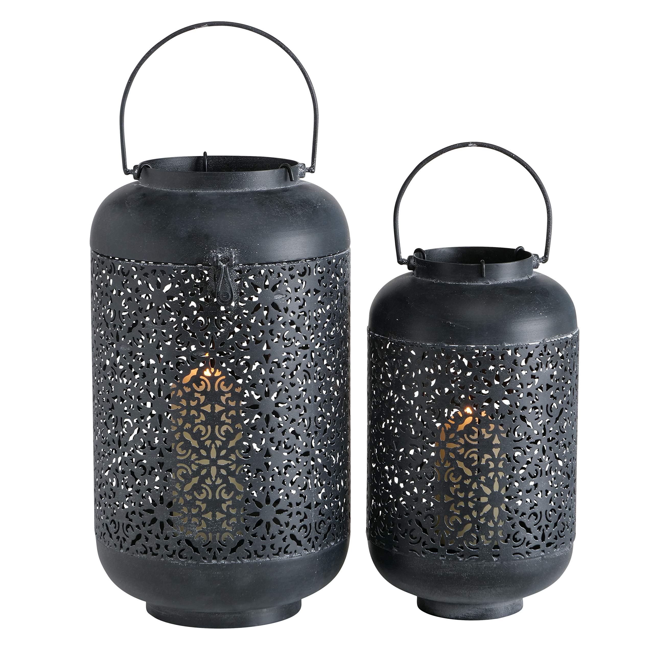 WHW Whole House Worlds Moroccan Temple Lanterns Set of 2 - Vintage Black Metal Hurricane Candle Holders with Lacy Lattice Pattern, Hinged Top (17