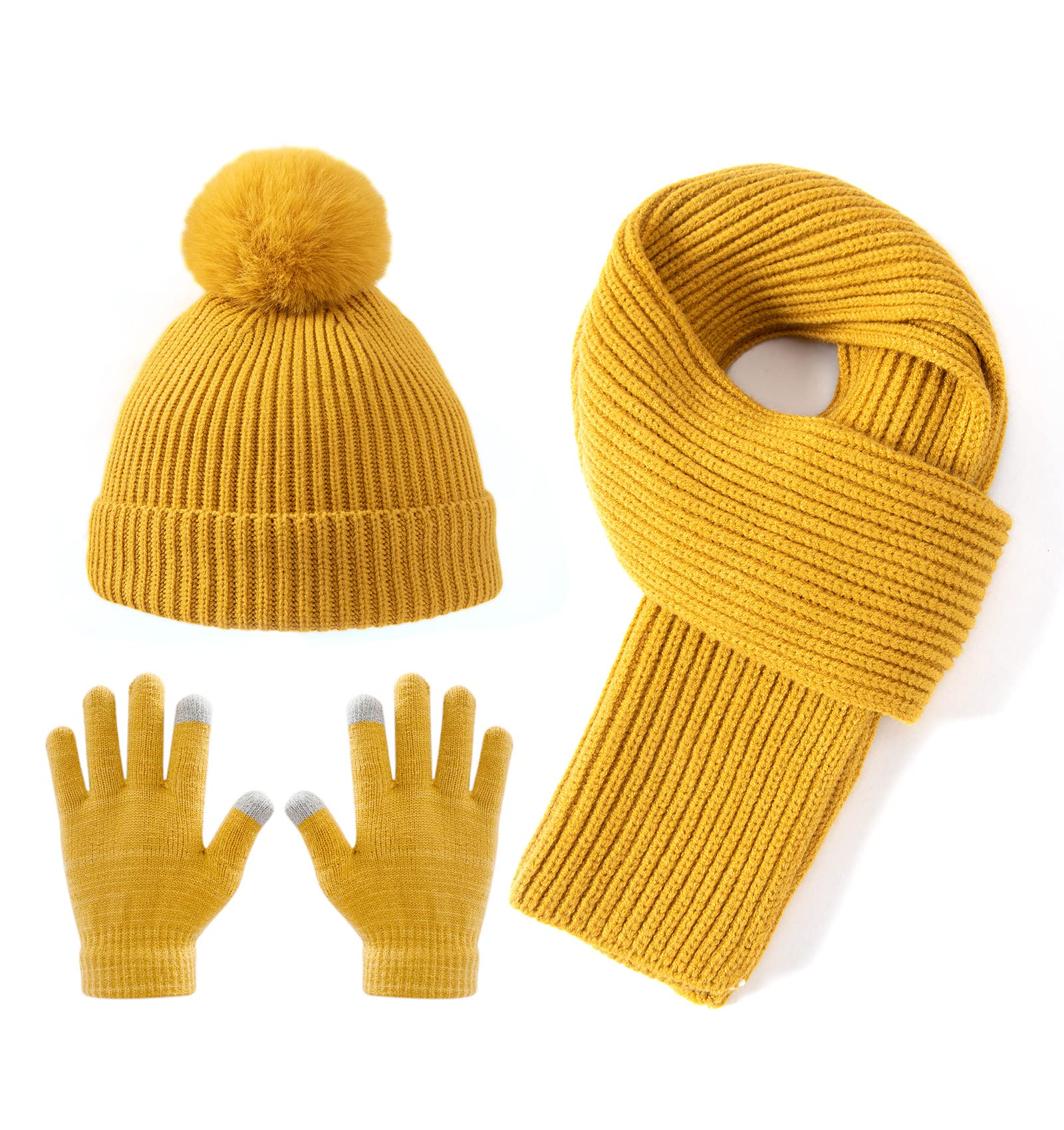Lallier 3Pcs Winter Hat Scarf Gloves Set for Kids - Warm Knit Pom-Pom Beanie & Snow Gloves for Boys Girls Toddlers - Perfect for Outdoor Play, Snow Days & Cold Weather Activities