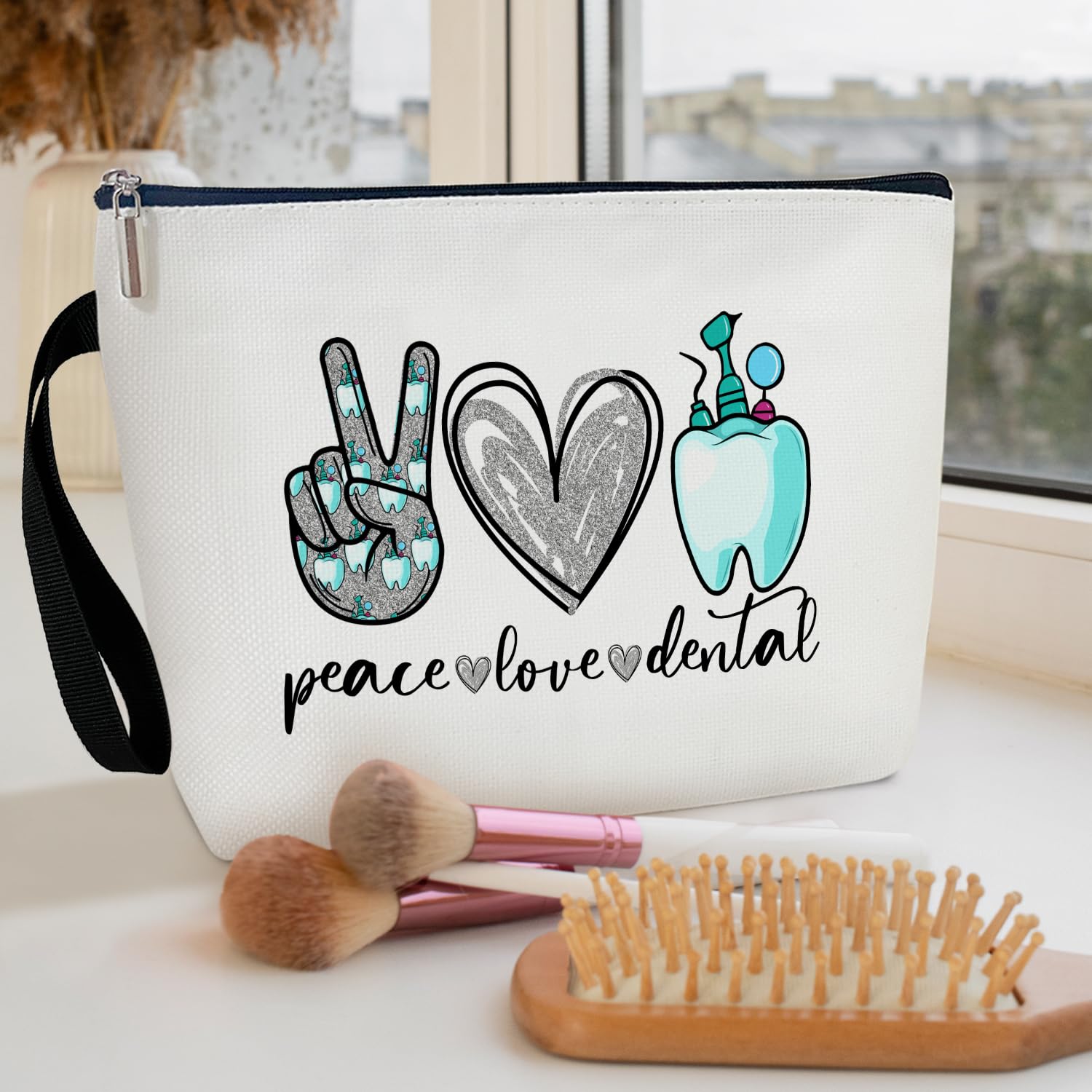 Peace Love Cosmetic Bag for Women - Waterproof Makeup Organizer with Zipper | Perfect Travel Toiletry Pouch, Dentist Gift & Friends Accessories | Great for Daily Use, Vacation Trips & Spa Days
