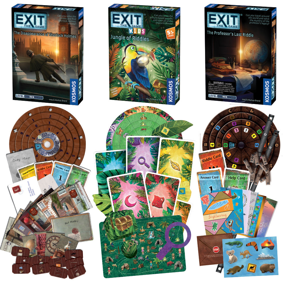 EXIT Game 3 Pack Bundle - Kids Jungle of Riddles, Professor's Last Riddle & Sherlock Holmes Disappearance | Escape Room Board Games for Family Game Night & Kids Party Activities