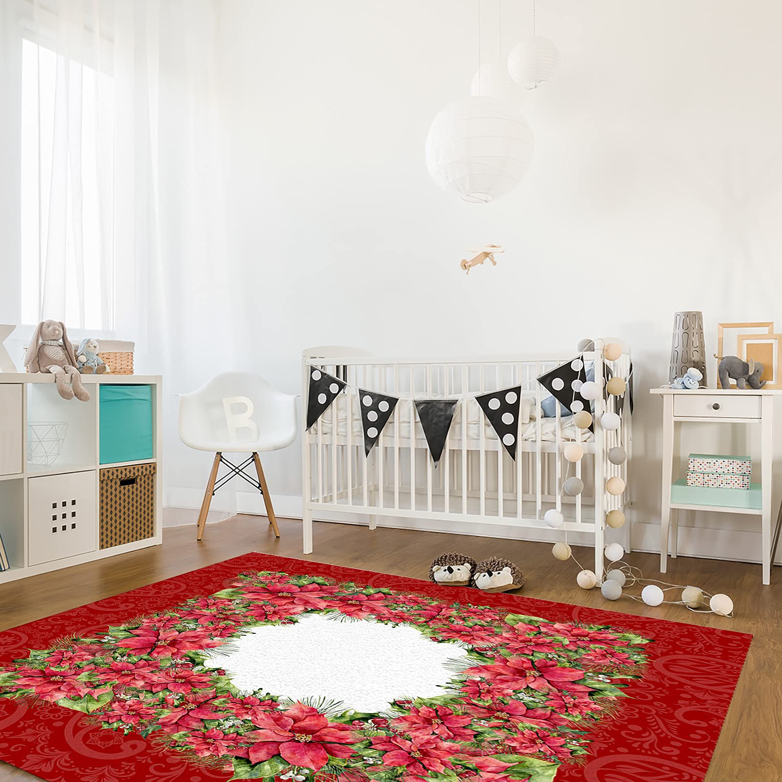 Soft Modern 4' x 6' Area Rug for Bedroom, Kids Room & Living Room - Red Poinsettia Woodland Christmas Design - Cozy Nursery Floor Carpet for Boys & Girls | Perfect for Holiday Decor, Playrooms & Home Interior Styling