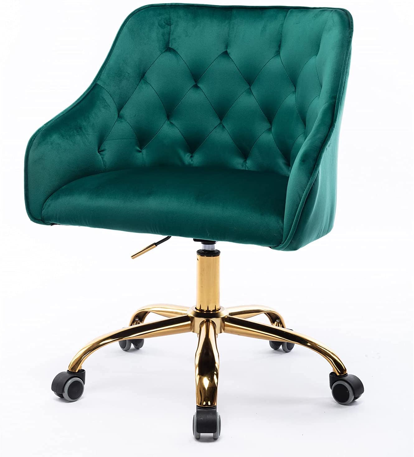 Modern Velvet Swivel Desk Chair with Gold Legs & Wheels - Ergonomic Home Office Computer Chair for Women, Girls - Stylish Vanity & Task Chair for Living Room, Bedroom, Study - Perfect for Remote Work & Online Classes (Green)