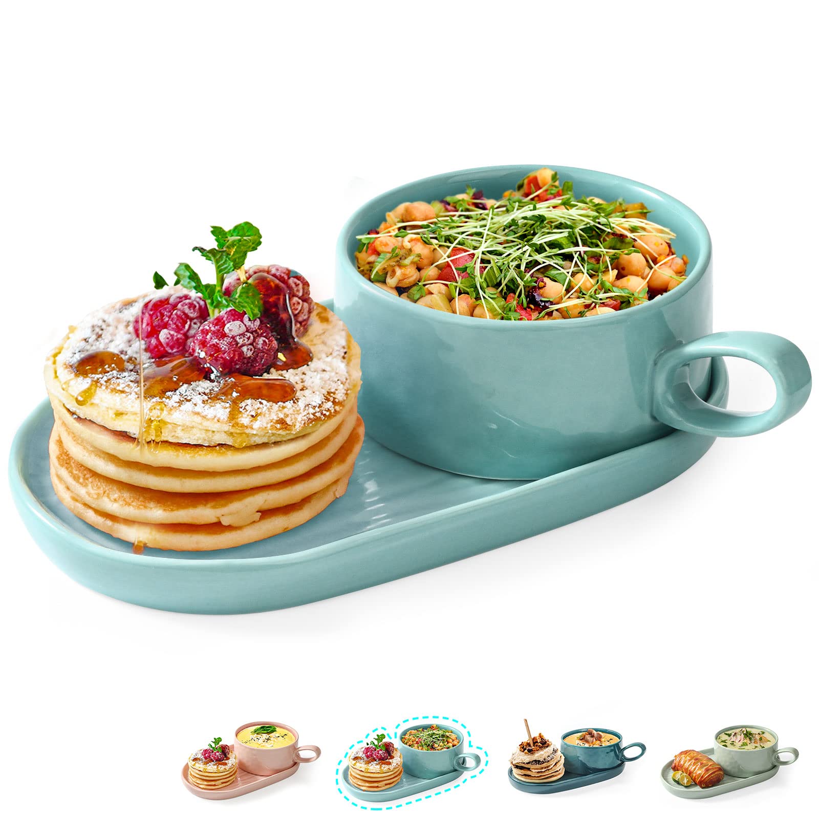 Artena Solid Soup and Sandwich Plate Set - 16 oz Ceramic Soup Bowls with Handles & 9.85-inch Plates - Glazed Dinnerware for Breakfast, Bread Dipping, Crackers - Lake Blue - Perfect for Family Meals, Restaurants, and Entertaining