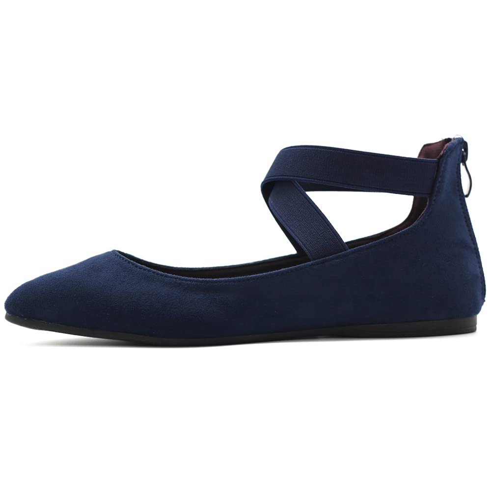 Ollio Women's Faux Suede Elastic Ankle Strap Pointed Toe Ballet Flats - Comfortable Slip-On Shoes for Work, Office, and Casual Outings F167