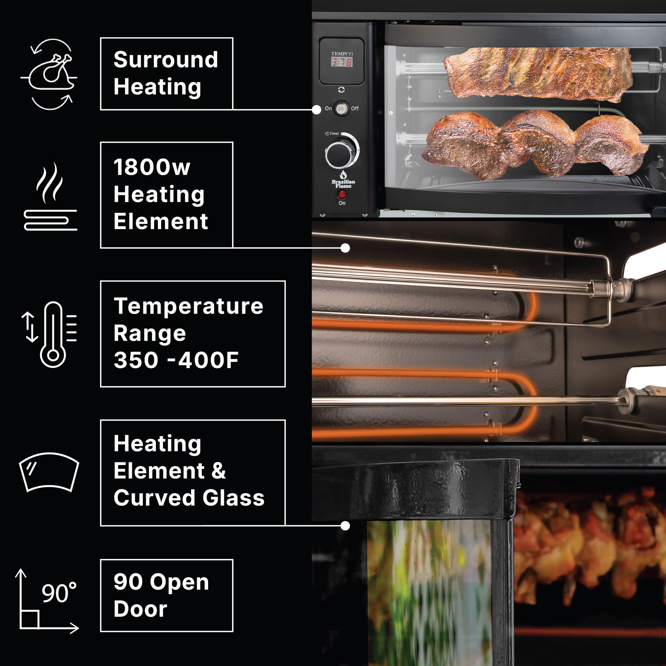 Brazilian Flame Electric Rotisserie Grill - Smoke-Free Indoor BBQ Grill with 2 Auto Rotating Skewers for Chicken, Steak, Fish - Perfect for Apartment Cooking, Brazilian Style BBQ Parties & Family Gatherings