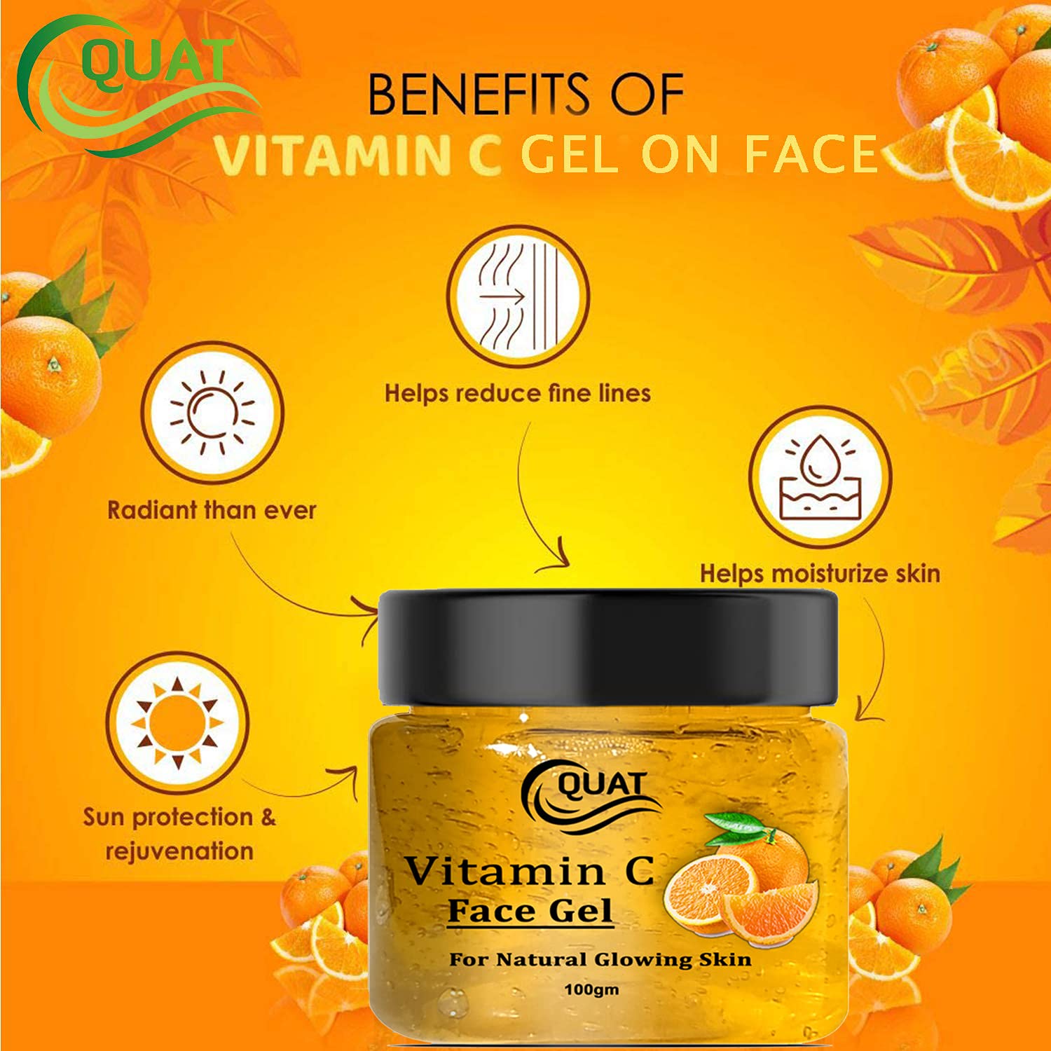 Quat Vitamin C Face Gel for Natural Glowing Skin - Brightening & Hydrating Facial Moisturizer for Women & Men (100g) | Daily Skincare Routine, Anti-Aging & Dark Spot Treatment