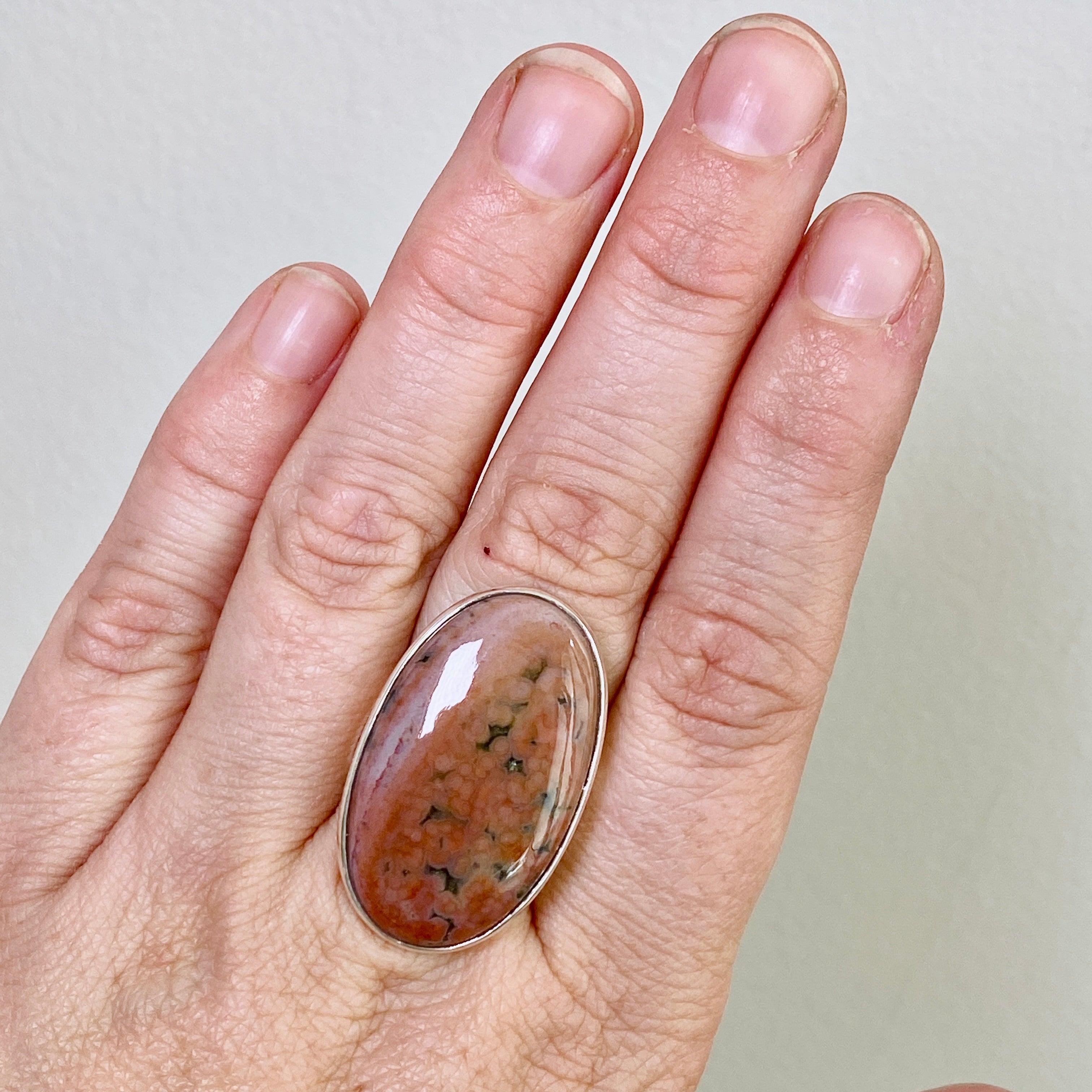 Ocean Jasper Oval Cabochon Ring - Size 8 - Natural Stone Jewelry - Handmade Silver Ring for Women - Perfect for Boho Style, Meditation & Spiritual Healing