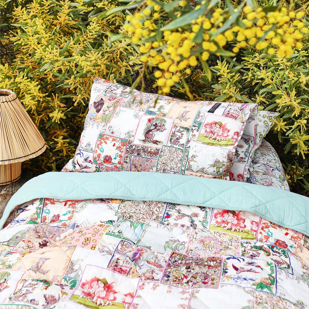Kip&Co X May Gibbs Organic Cotton Quilted Pillowcase with Patches - Soft Decorative Throw Pillow Cover for Bed, Sofa & Nursery - Perfect for Kids Room, Living Room & Home Decor