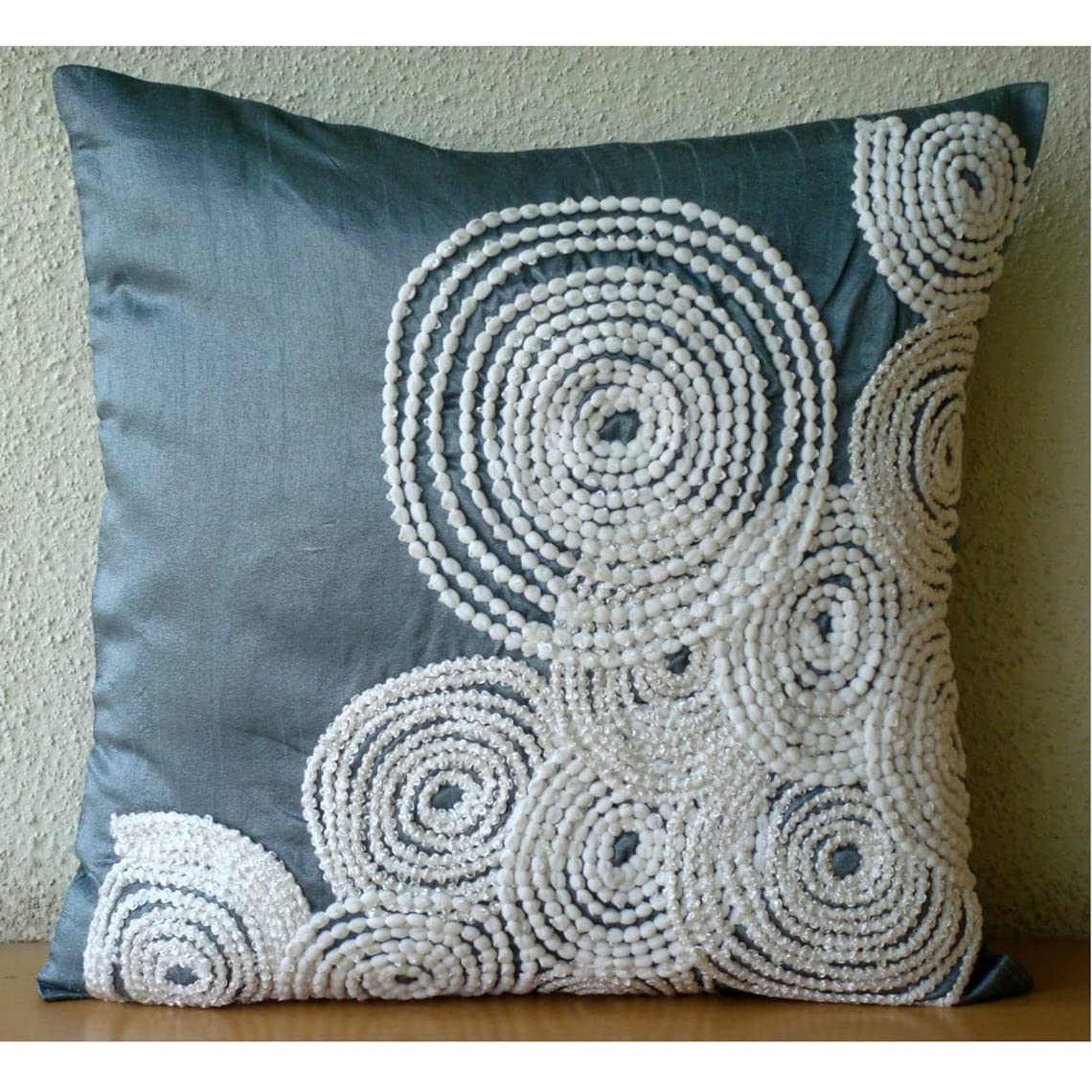 Blue Spiral Pompom Lace Decorative Pillow Cover 20x20 Inch - Geometric Square Silk Cushion Case for Sofa, Bed & Home Decor | Snow Centric Design