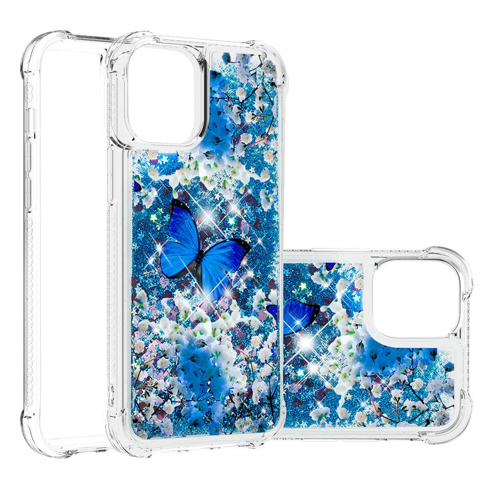 Shockproof Liquid Floating Quicksand Silicone Case for iPhone 12 Pro Max (6.7 Inch) - Glitter Cute Blue Butterfly Design, Clear Bumper Protection for Women & Girls | Perfect for Daily Use, Travel & Gift Giving