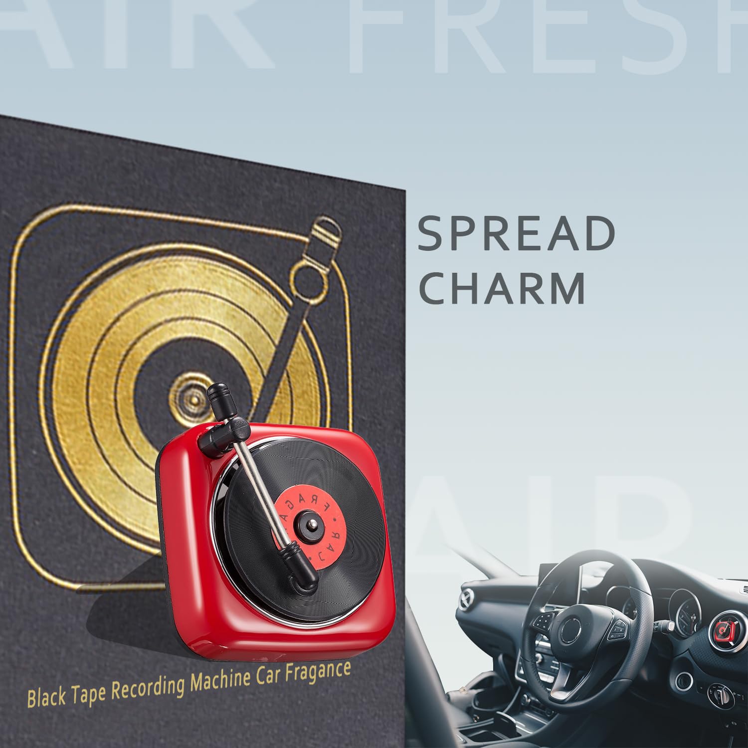 Car Air Freshener with Record Player Design - Vent Clip Scent Diffuser for AC Outlet | Perfect for Road Trips, Commuting & Car Interior Refresh (Red)