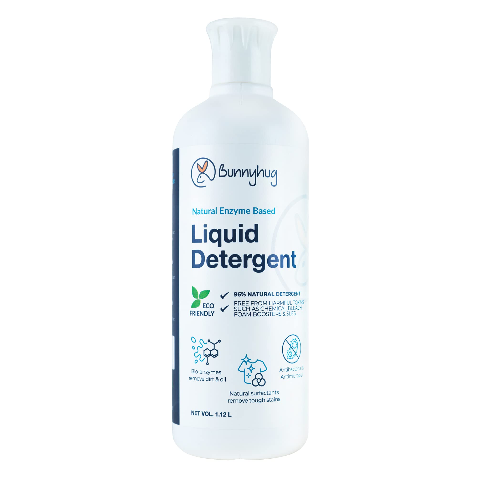 **Bunnyhug Natural Enzyme Laundry Detergent Liquid - 100% Plant-Based, Vegan, Toxin-Free - Safe for Top & Front Load Washers (1.12 Litre) - Gentle on Clothes & Skin, Ideal for Babies, Sensitive Skin & Eco-Conscious Families**